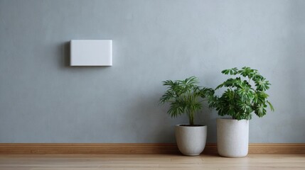 Fototapeta premium Corner of a room with a light blue wall and a wooden floor. on the left side of the image, there is a white square-shaped object hanging on the wall.