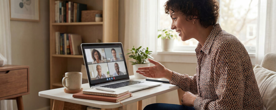 Smiling woman participating in a remote team meeting from her home, using a laptop to connect with coworkers on screen, showing the new normal of flexible business communication. - Powered by Adobe