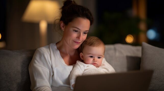 Mother sitting on a sofa working on a laptop while cradling a baby, illustrating multitasking, emotional connection, and professional commitment. cinematic color correction, natural uneven lighting - Powered by Adobe
