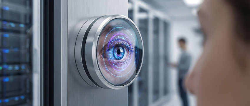 Woman undergoing an iris scan using a high-tech biometric security device in a modern data center, representing advanced cybersecurity and digital identity verification. - Powered by Adobe