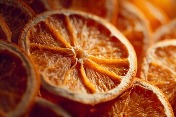 Top-down view of a dried orange slice, emphasizing the texture and translucency of the fruit's pulp and skin. Surface details of the organic pattern and rich orange hue of the dried fruit