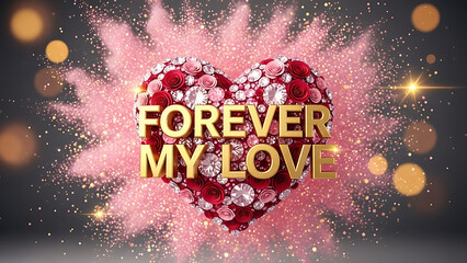 Sparkling golden text "Forever My Love" is centered on a heart composed of vibrant red roses and brilliant diamonds, surrounded by a dramatic pink glitter explosion and glowing bokeh lights.
