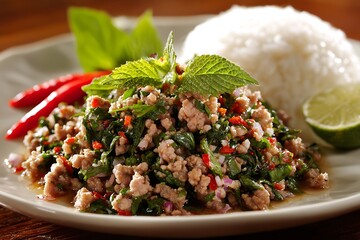 Delicious Thai Larb with Rice and Fresh Ingredients