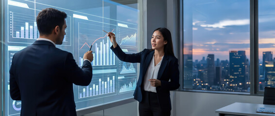Confident female explains financial data and charts on a digital screen during a high-level business meeting at sunset, reflecting modern leadership and analytical vision.