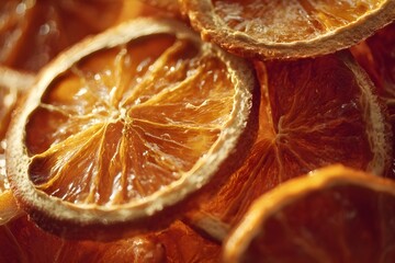Top-down view of a dried orange slice, emphasizing the texture and translucency of the fruit's pulp and skin. Surface details of the organic pattern and rich orange hue of the dried fruit