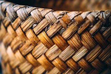 Close-up of a woven basket showcasing intricate patterns and textures, highlighting craftsmanship and natural materials in warm, earthy tones.