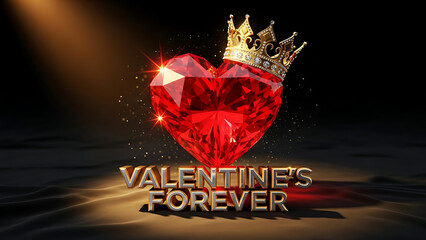 A majestic red faceted heart, crowned with a shimmering golden crown, stands above the bold golden text "Valentine's Forever," dramatically lit by a spotlight on a dark background.