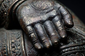 Close-up of a weathered bronze Buddha hand, showcasing intricate details and aged texture on a dark background.