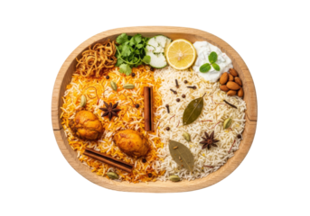 biryani platter with saffron rice and white rice, spice garnishes on wooden tray