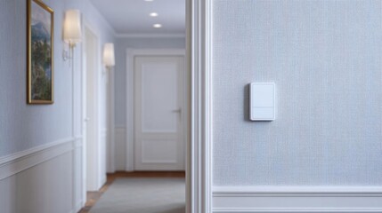 Hallway with a white wall on the right side and a white door on the left side. the wall has a textured patterned wallpaper and there is a framed picture hanging on the wall next to it.