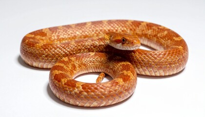 Obraz premium Two corn snakes coiled on a white surface, vibrant orange and red scales with cream markings, one larger than the other, showcasing pattern, texture, and reptilian contrast in a clean composition.