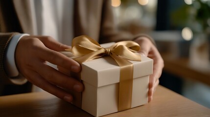Close-up of hands wrapping a present with paper and ribbon, soft light highlighting textures and details, symbolizing thoughtfulness and personal effort. cinematic color correction, natural uneven