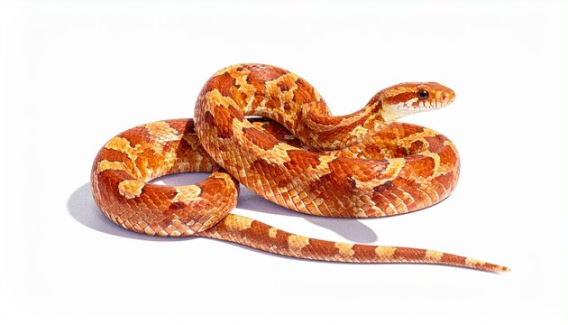 Two corn snakes coiled on a white surface, vibrant orange and red scales with cream markings, one larger than the other, showcasing pattern, texture, and reptilian contrast in a clean composition.