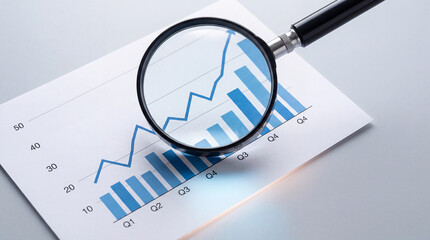 Magnifying glass examining a quarterly financial report with a blue bar graph and line chart