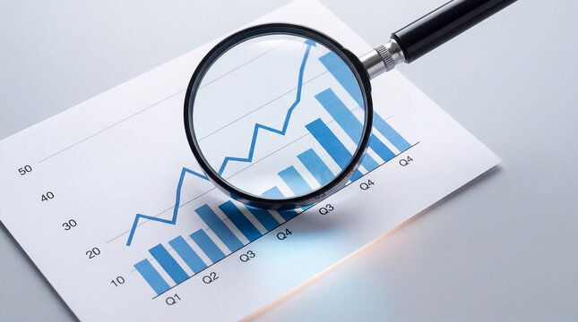 Magnifying glass examining a quarterly financial report with a blue bar graph and line chart - Powered by Adobe