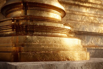 Golden Pagoda Detail: A close-up view of a gilded Buddhist temple structure with intricate details and warm, inviting light.