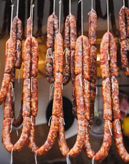 Traditional Chinese lunar new year food: dried sausage in chengdu city,China