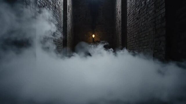 Smoke fills dark alleyway with brick walls and overhead light