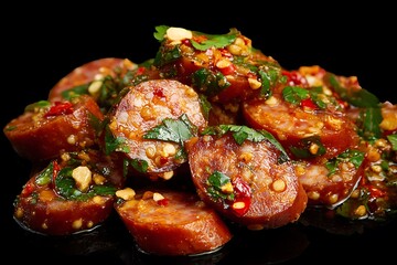 Spicy Sausage Salad: A vibrant dish featuring sliced sausage, herbs, and chili against a dark background.
