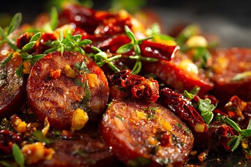 Delicious chorizo slices with herbs and chili peppers, a culinary delight presented in a close-up shot.