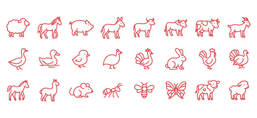 Farm animals line icon set. Vector pictograms of domestic goose, turkey, chick, duckling, duck, sheep, horse, pig, donkey, ox, thin linear illustration.