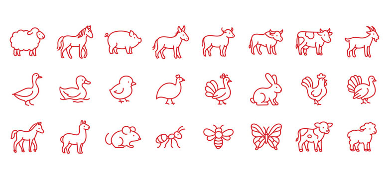 Farm animals line icon set. Vector pictograms of domestic goose, turkey, chick, duckling, duck, sheep, horse, pig, donkey, ox, thin linear illustration.