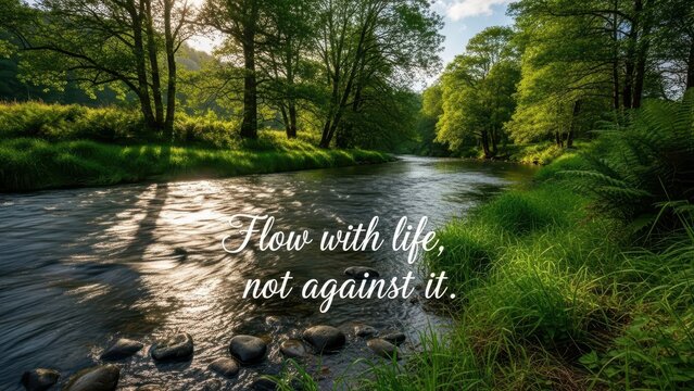 River flowing through lush green forest with inspirational quote - Powered by Adobe