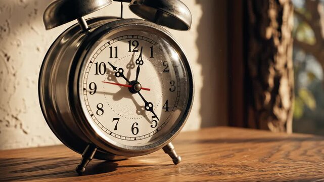Vintage alarm clock on wooden table