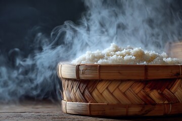 Steaming rice in a traditional bamboo container, creating a warm and inviting atmosphere, showcasing culinary traditions.