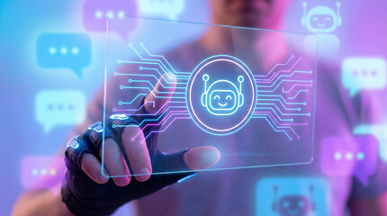 Man interacting with futuristic artificial intelligence interface on transparent screen displaying robot head