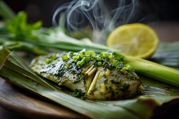 Delicious steamed fish fillet with herbs and lemon, served on a banana leaf, a culinary delight.