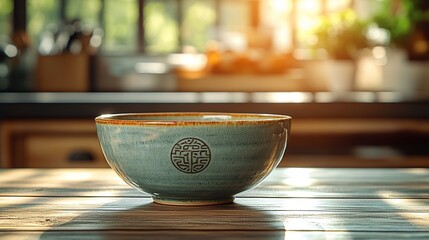 A serene bowl sits on a wooden table in a sunlit kitchen, warm tones blend background