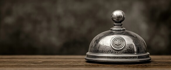 Close-up of a shiny silver desk bell. The bell sits on a wooden surface against a blurred background
