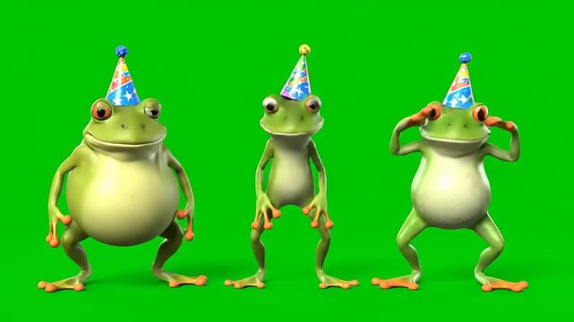 Three cute frogs wearing party hats and dancing in front of a green screen, perfect for celebrations and fun events