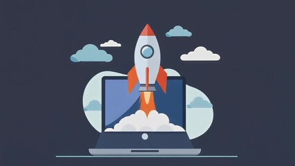 Illustrative depiction of a rocket launching from a laptop, symbolizing startup success and technological innovation, with a dark blue background and stylized clouds