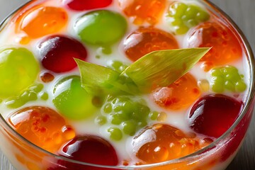 Colorful Filipino dessert with jelly balls, tapioca pearls, and coconut milk, a refreshing and sweet treat.