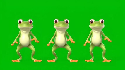 Three animated cartoon frogs in a lively dance pose on a vibrant green screen, perfect for fun and whimsical video compositing projects for various media