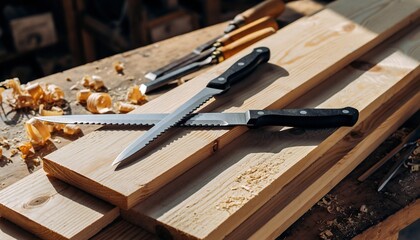 Sharpened carving knives and chisels laid on a stack of light wooden planks in a sunlit workshop, showcasing woodworking craftsmanship for DIY, carpentry, and handmade concepts.