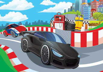 Cartoon scene with racing car on the track sports car near the city illustration for children