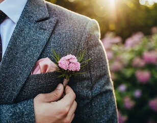 Groom's hand adjusting a pink boutonniere on a tweed suit jacket at an outdoor wedding, showcasing elegant fashion, for Weddings, Events and Fashion.
