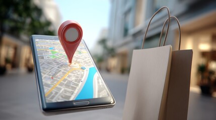 smartphone displaying a delivery tracking app with real-time location pinpoint of an order on a digital map, showing a shopping bag and route from online store to doorstep for modern e-commerce and ho