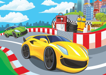 Cartoon scene with racing car on the track sports car near the city illustration for children