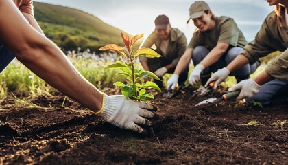 Group of volunteers planting a young tree seedling in rich soil during sunset, for environmental, community and sustainability