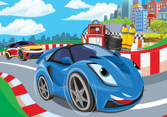 Cartoon scene with racing car on the track sports car near the city illustration for children