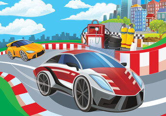 Cartoon scene with racing car on the track sports car near the city illustration for children