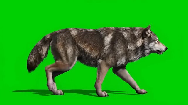 Realistic gray wolf walking on a green screen background with a shadow, high-quality 3D render