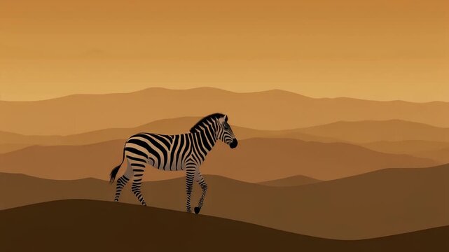 Majestic zebra stands alone in a beautifully illustrated African landscape, featuring layered golden hills under a vast, tranquil sky, representing freedom and endurance