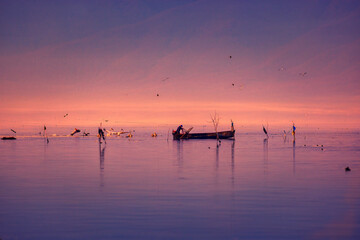 Fisherman at Dawn with Birds &mdash; Kerkini, Northern Greece