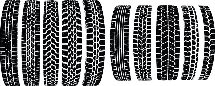 Assortment of wheel imprint silhouettes suitable for automotive, racing, or adventure themed graphics