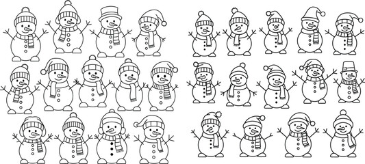 Obraz premium Charming line art snowmen wearing different winter hats and scarves, ready for holiday season designs